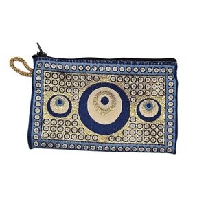 Embroidered Evil Eye Blue and Gold Pouch